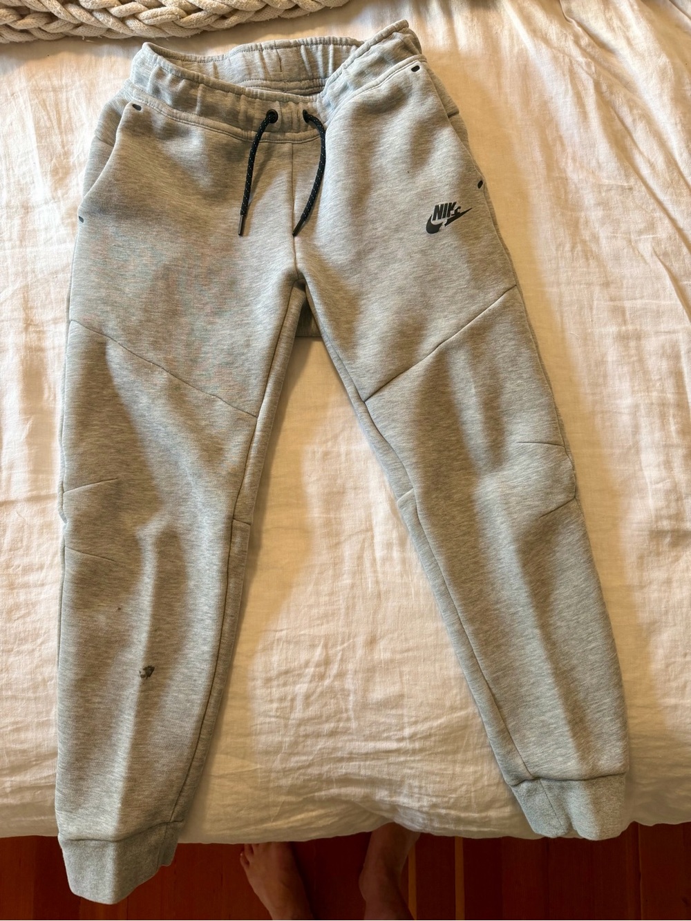 Nike Tech Kids Light Grey Fleece Joggers with Black Drawstring